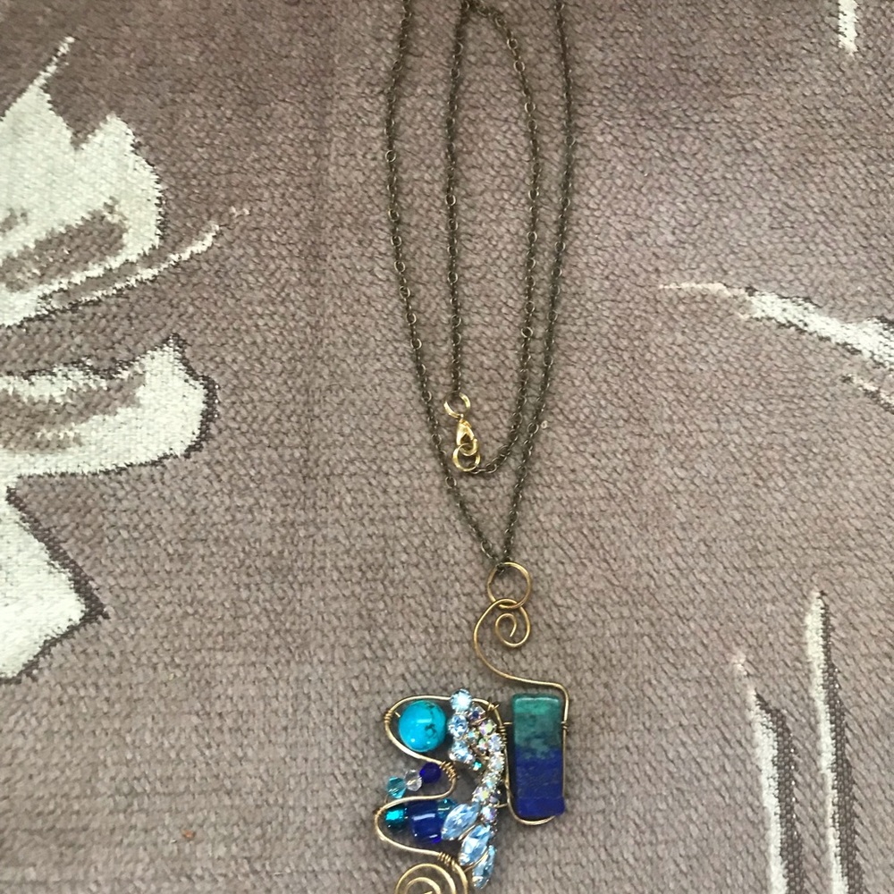 Lapis/Chrysacolla/Turquoise/Upcycled Rhinestone Wired Pendant - Picture 2 of 2